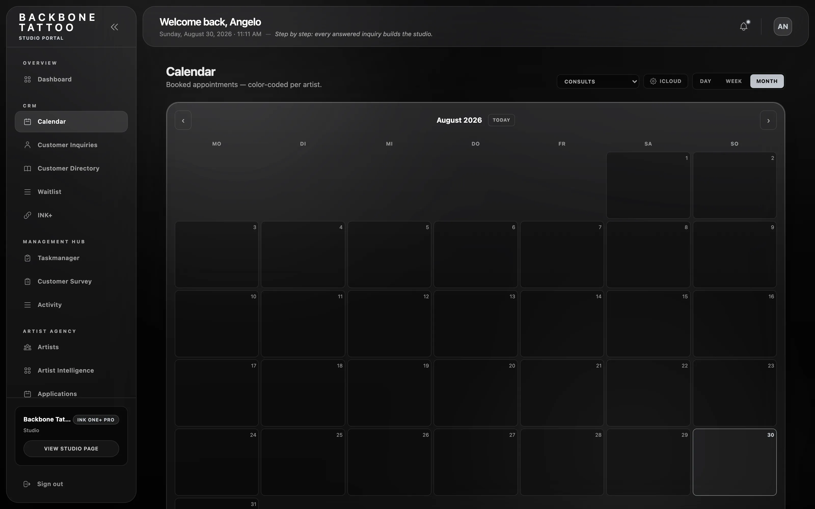 INK One calendar with artist scheduling
