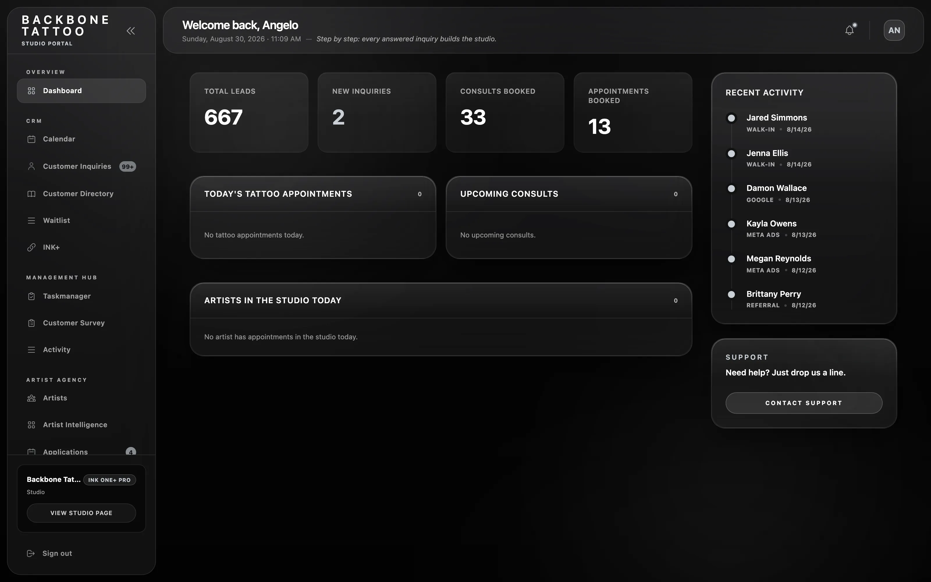 The INK One studio dashboard — live workspace
