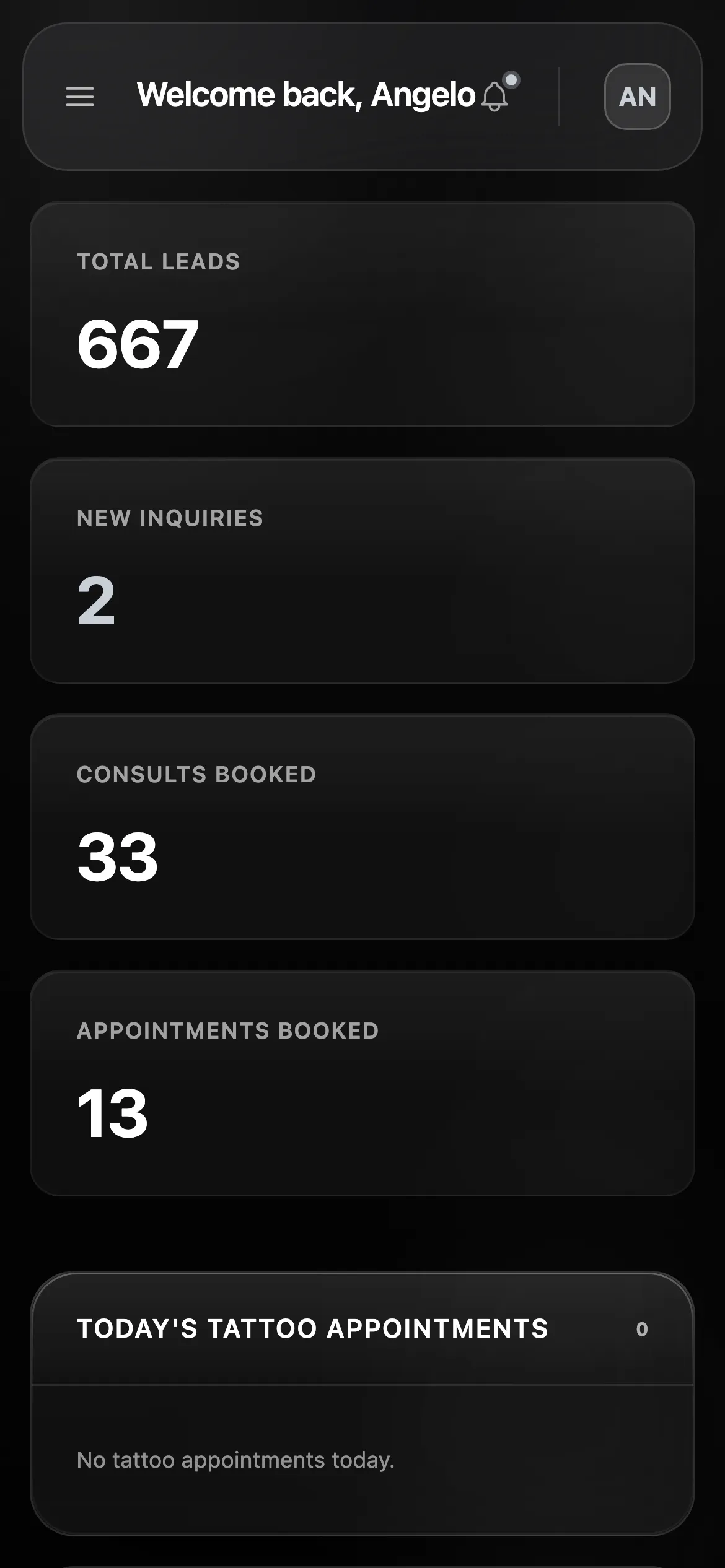INK One studio dashboard on mobile
