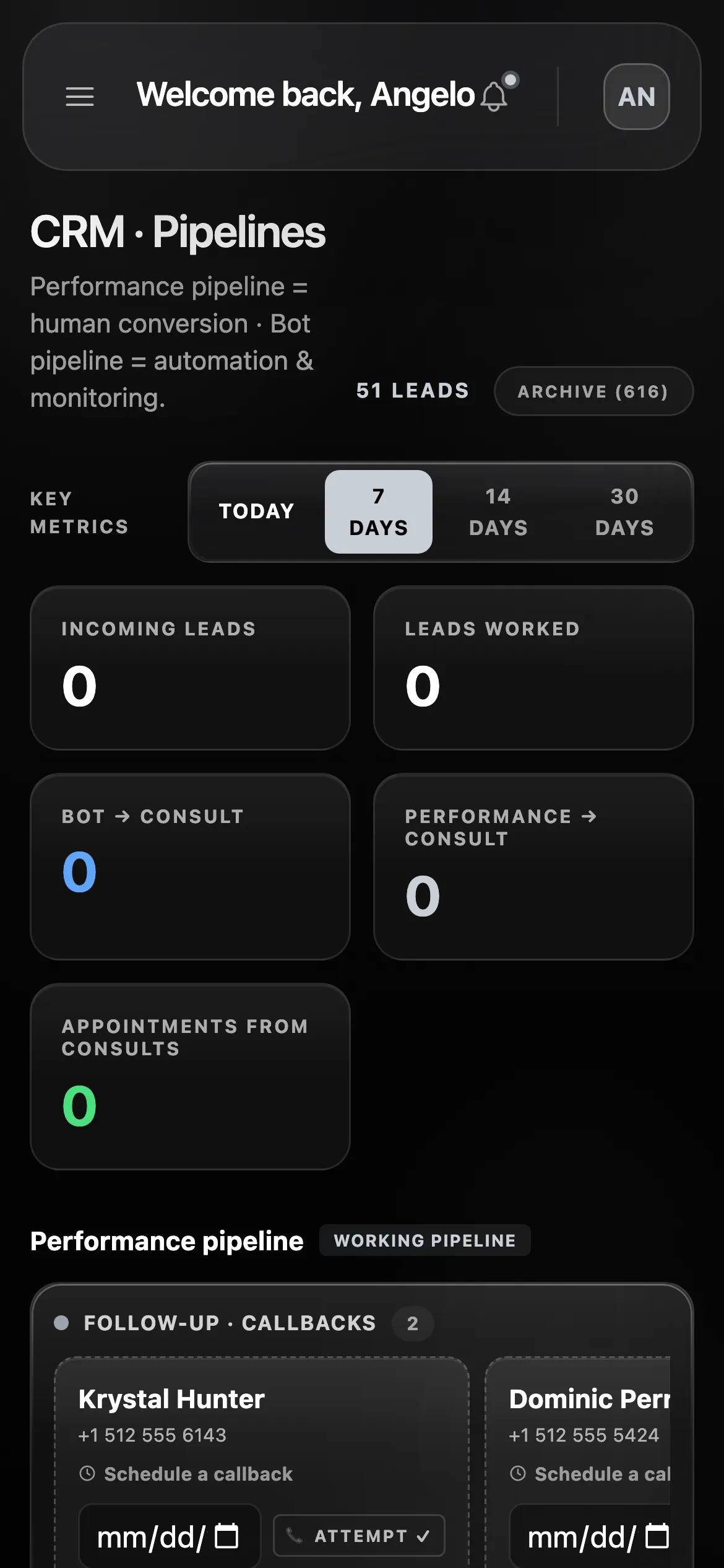 INK One CRM pipeline on mobile