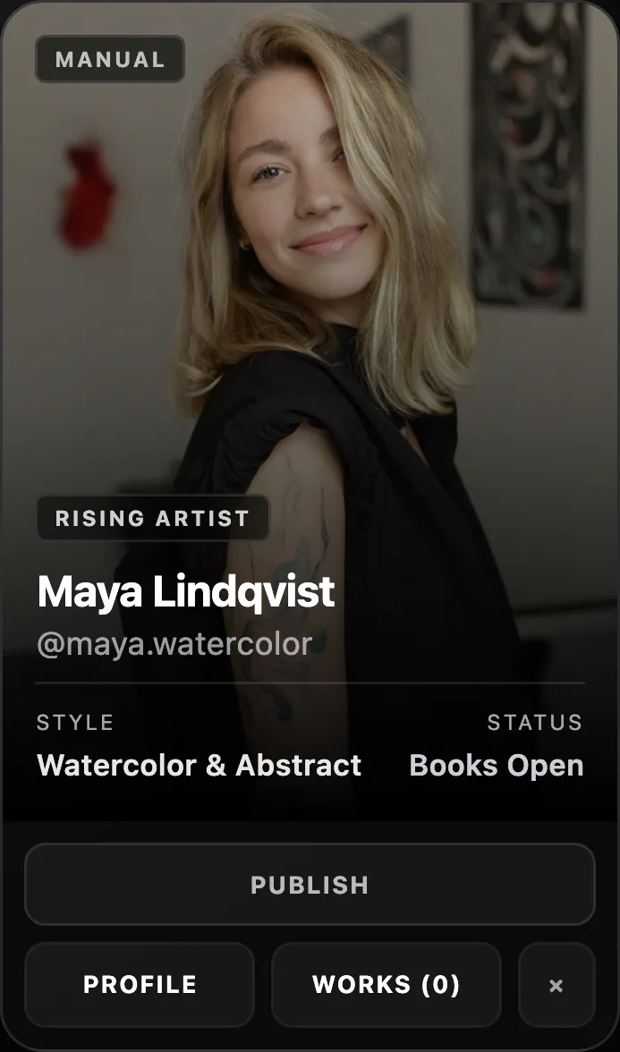 Artist card — Maya Lindqvist, Rising Artist, Watercolor & Abstract
