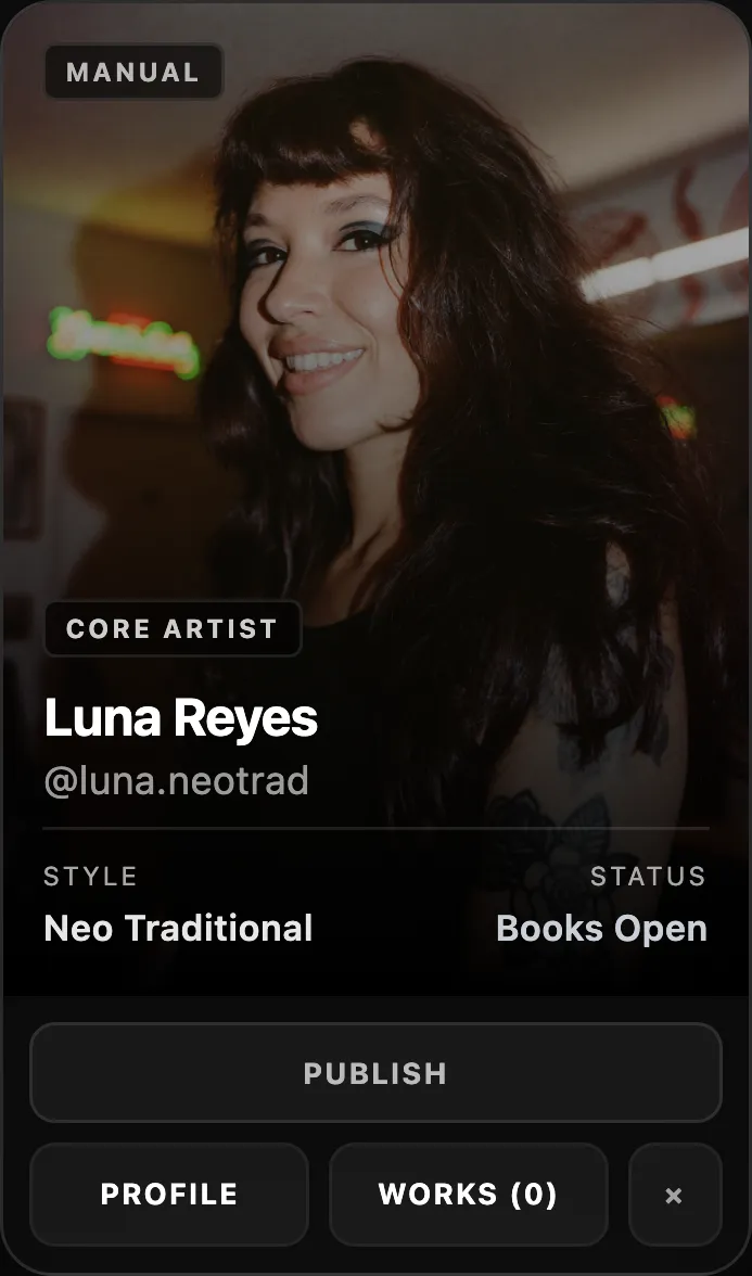 Artist card — Luna Reyes, Core Artist, Neo Traditional