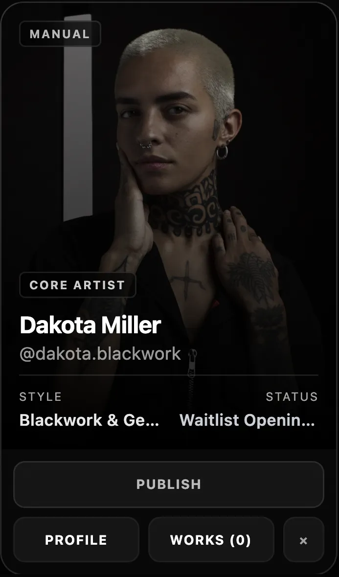 Artist card — Dakota Miller, Core Artist, Blackwork & Geometric