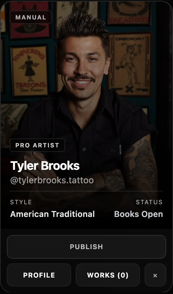 Artist card — Tyler Brooks, Pro Artist, American Traditional