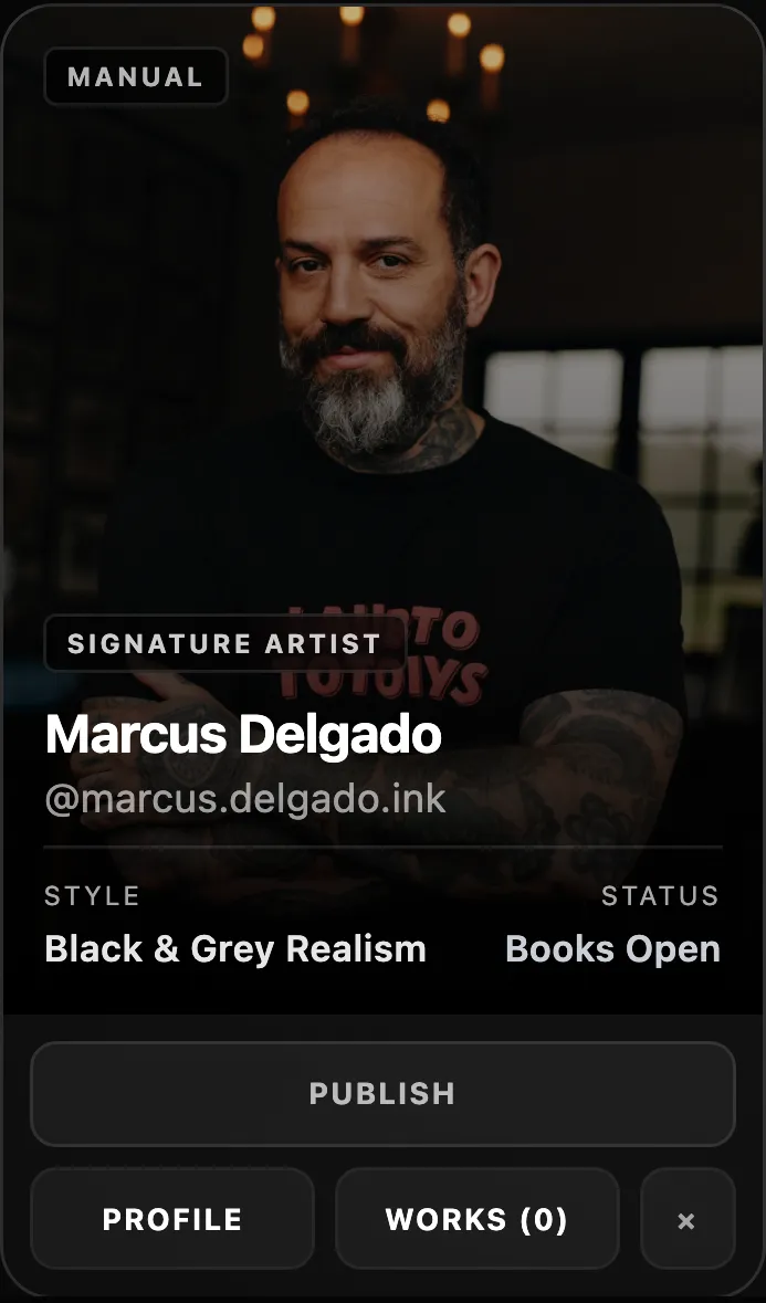 Artist card — Marcus Delgado, Signature Artist, Black & Grey Realism